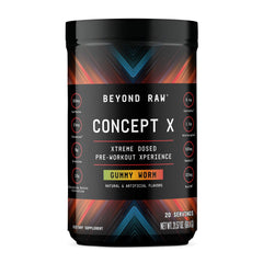 Beyond Raw Concept X pre-workout powder tub powering a high-energy training session.