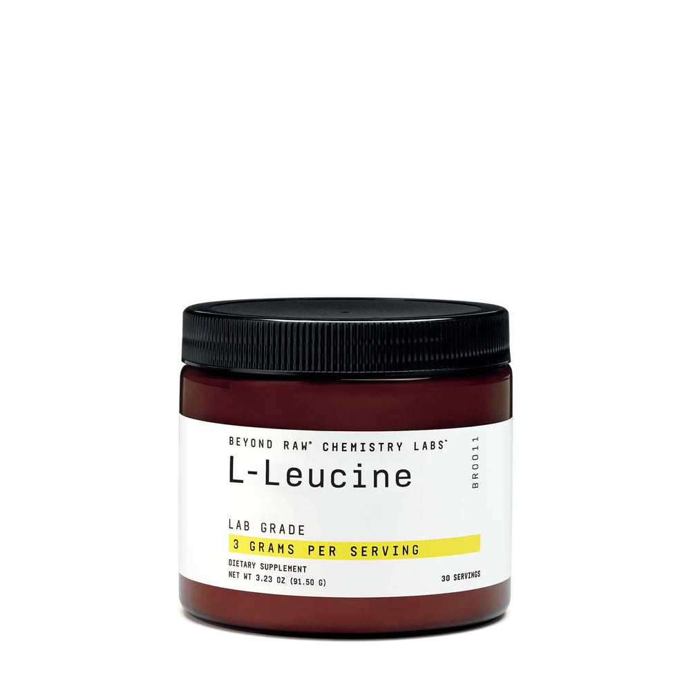 Beyond Raw L-Leucine powder bottle showing lab-grade supplement for muscle support