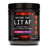 BEYOND RAW LIT AF bottle pouring powder for an energizing pre-workout boost