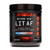 BEYOND RAW LIT AF icy fireworks bottle front signals bold energy for tough workouts.