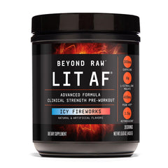 BEYOND RAW LIT AF icy fireworks bottle front signals bold energy for tough workouts.