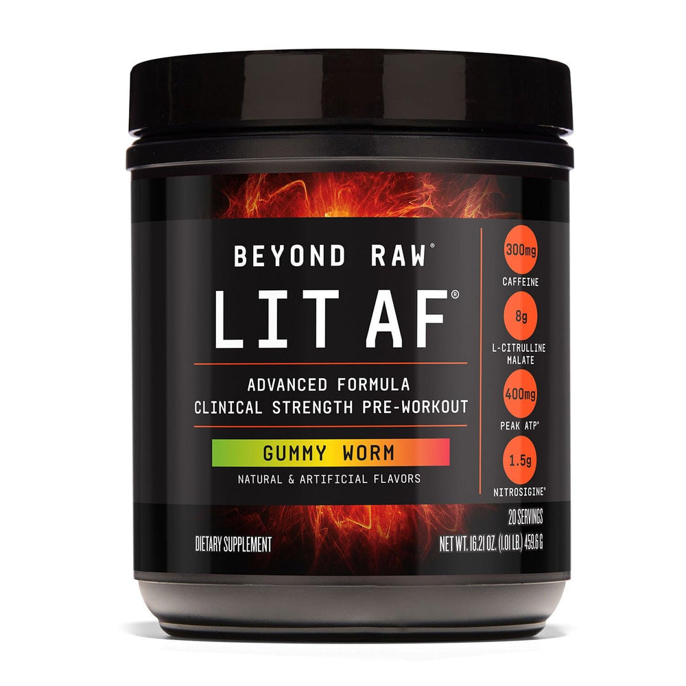 BEYOND RAW LIT AF packaging shown for convenient workout fueling