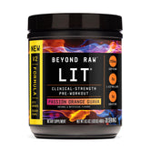 Beyond Raw LIT V2 Passion Orange Guava tub for high-energy pre-workout