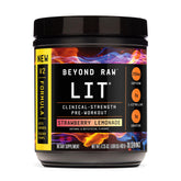 BEYOND RAW LIT V2 strawberry lemonade tub front, bold pre workout branding for energy