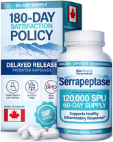 Bio Absorb Serrapeptase bottle front shows 120000 SPU potency for potential systemic support