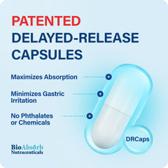 Delayed release capsule artwork illustrating DRcaps technology protecting stomach acids