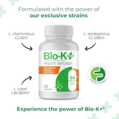 Bio-K+ Advanced Bowel Support capsules close-up showing 50B CFU.