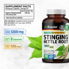 BIO KRAUTER nettle root powder capsules arranged to show natural source