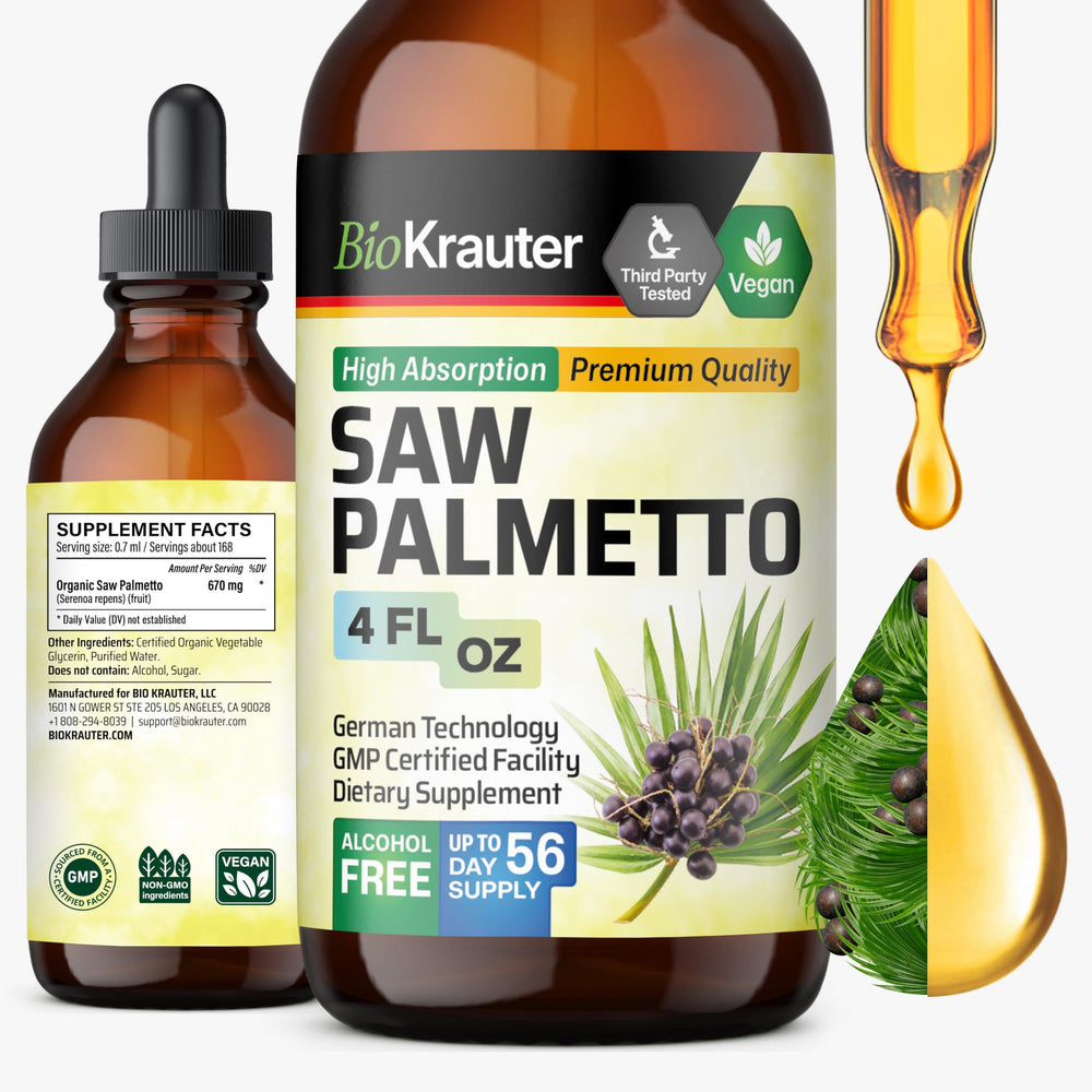 BIO KRAUTER Saw Palmetto bottle on counter for daily urinary health support