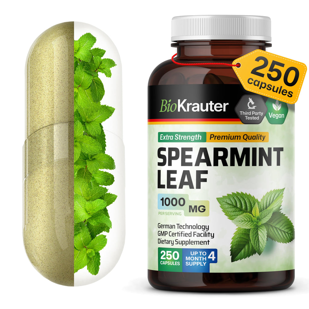 BIO KRAUTER Spearmint Capsules bottle front showcases vegan and GMO-free supplement for daily wellness.