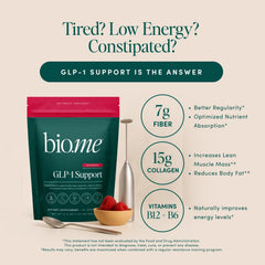 Bio.me GLP-1 Support powder scoop on a table ready to mix into beverages.