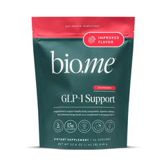 Bio.me GLP-1 Support raspberry powder container ready for daily energy balance.