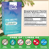 Bio Nutrition Pre-Biotic Life Oligo XOS bottle label highlights plant-based fiber benefits.