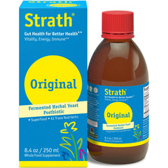 Bio-Strath fermented herbal yeast bottle shows daily-energy support and metabolism-friendly formula