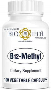 Bio-Tech Pharmacal B12-Methyl capsules, bottle on desk, supports energy production.