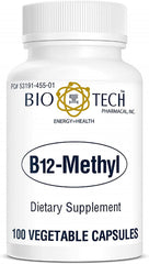 Bio-Tech Pharmacal B12-Methyl capsules, bottle on desk, supports energy production.