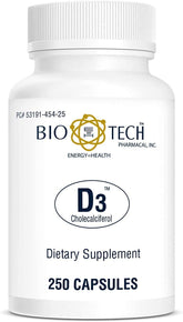 Bio-Tech Pharmacal D3-5 (5000 IU) bottle front shows high-potency vitamin D3 for bone support