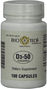 Bio-Tech Pharmacal D3-50 bottle cap close-up highlighting high-potency vitamin D3 for bone support.