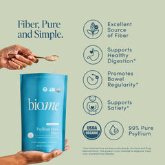 Bio.me Psyllium husk fiber unflavored powder scoop highlighting easy mixing into drinks.