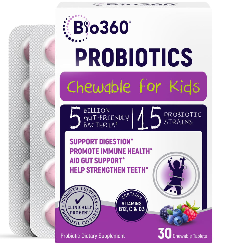 Bio360 Probiotics Kids chewables mixed berry bottle for daily gut balance