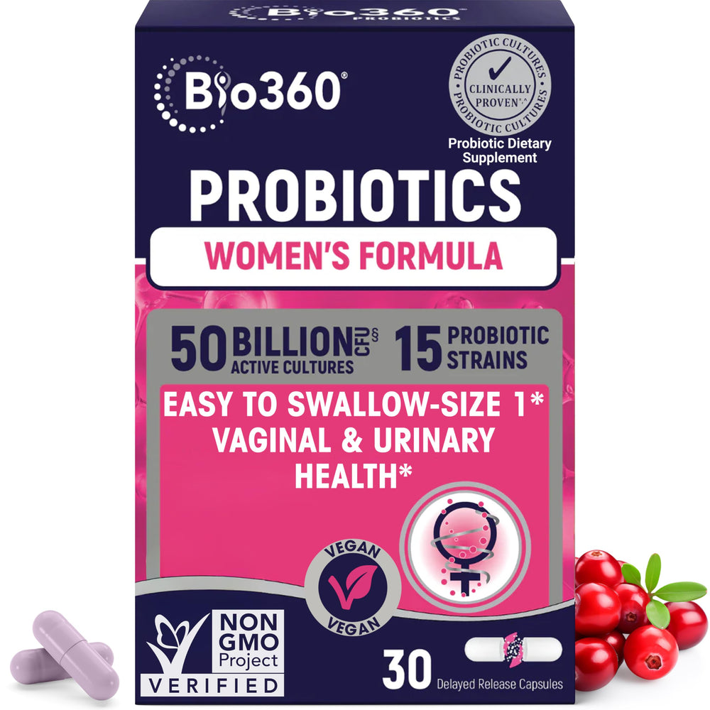 Bio360 Probiotics bottle with capsules for vaginal and digestive health support