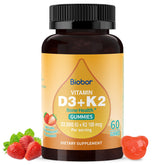 Biobor D3 K2 Gummies bottle front highlights the strawberry flavor for daily wellness.