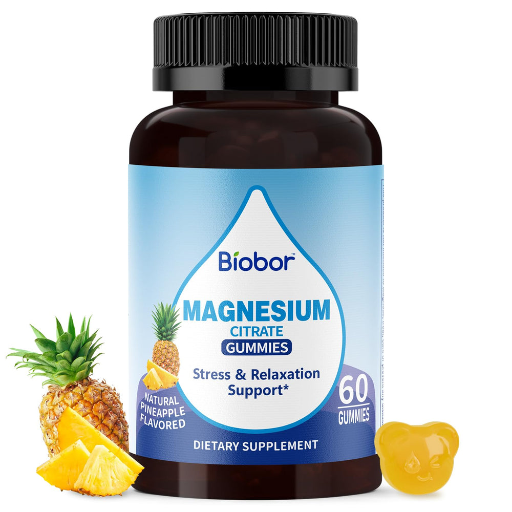 Biobor Potassium Magnesium Gummies bottle cap close-up highlighting pineapple flavor and electrolyte support.