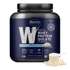 Biochem Whey Protein Isolate Vanilla bottle highlighting grass-fed quality and non-GMO ingredients
