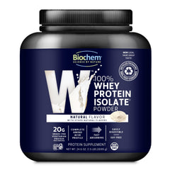 Biochem whey protein powder label close-up showing gluten-free and vegetarian claim