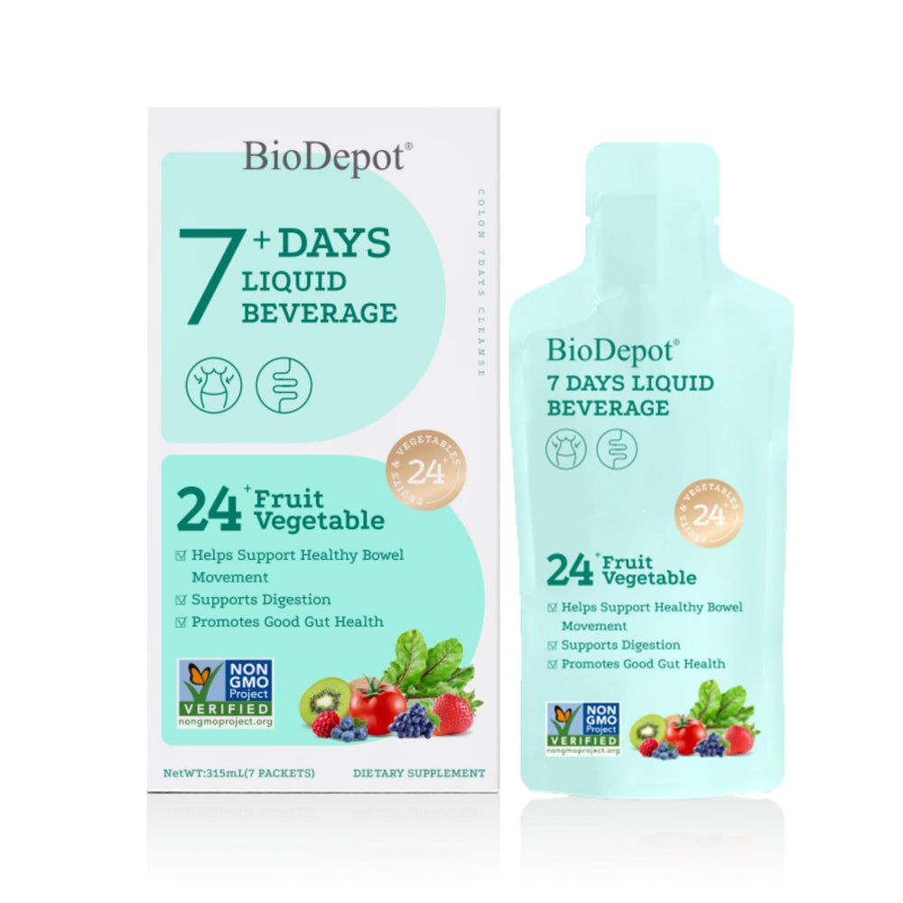 Biodepot 7 Day Clean liquid bottle showing fruit and vegetable blend for gut health.