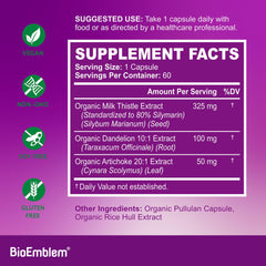 Close-up of BioEmblem 80% silymarin milk thistle capsules for potent liver care