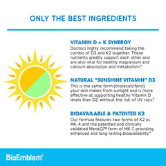 BioEmblem MK7/MK4 formula on the panel communicates patented, clinically studied vitamin K2.