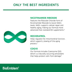 BioEmblem NAD+ formula includes Resveratrol for cellular resilience and antioxidant support.