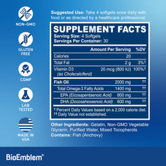 BioEmblem Omega-3 EPA and DHA breakdown highlighting 800mg EPA and 600mg DHA per serving.