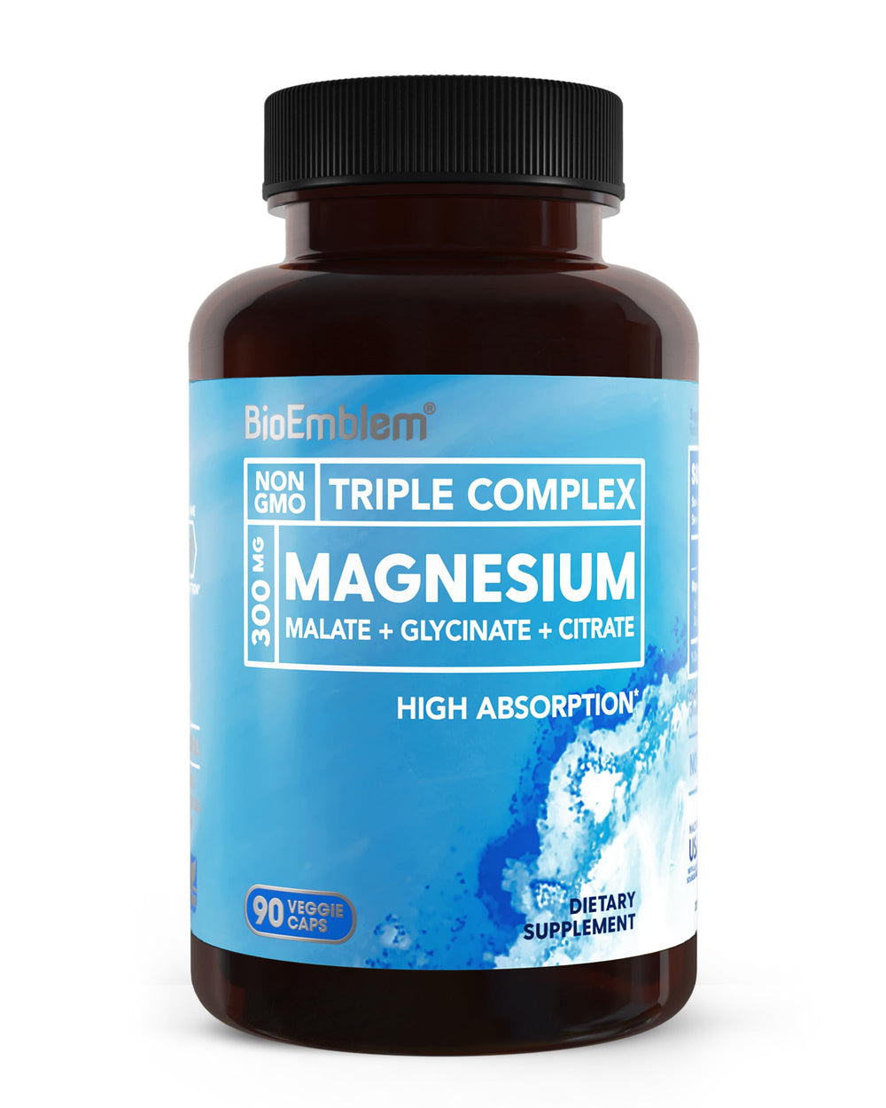 BioEmblem Triple Magnesium Complex bottle front shows high-absorption capsules for daily wellness.