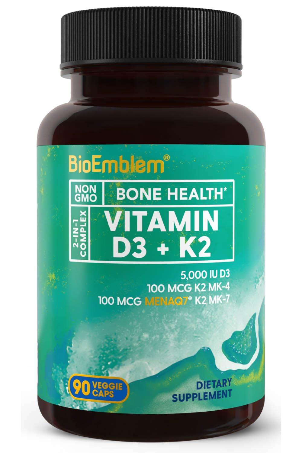 BioEmblem Vitamin D3 K2 capsules bottle for daily vitamin support and overall wellness.