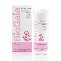 BioGaia Elactia bottle and packaging promoting breastfeeding support with a clinically studied probiotic