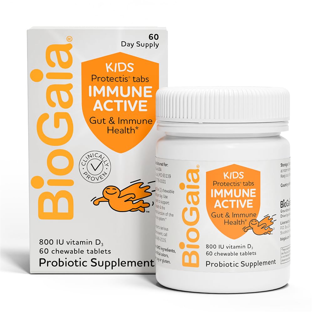 BioGaia Immune Active Kids chewables packaging shows orange flavor and allergen-free formula.