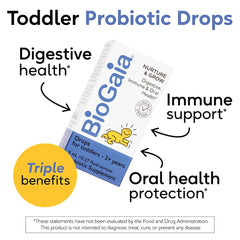 BioGaia Nurture & Grow toddler drops dropper illustrating easy daily dosing for ages 1+.
