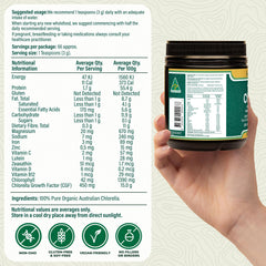 BioDynamic cracked-cell-wall chlorella powder by Biogenesis for nutrient density.