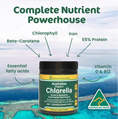 Biogenesis chlorella powder with dispensing scoop for effortless daily use and greens.