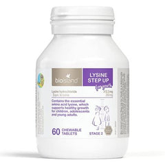 Bio Island Lysine Step Up Youth bottle with chewable tablets supporting growing kids' nutrition.