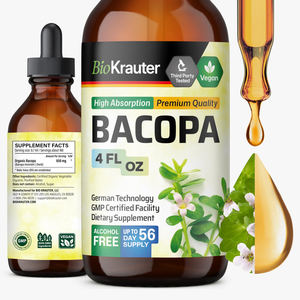 BIO KRAUTER Bacopa bottle front highlighting vegan brain support