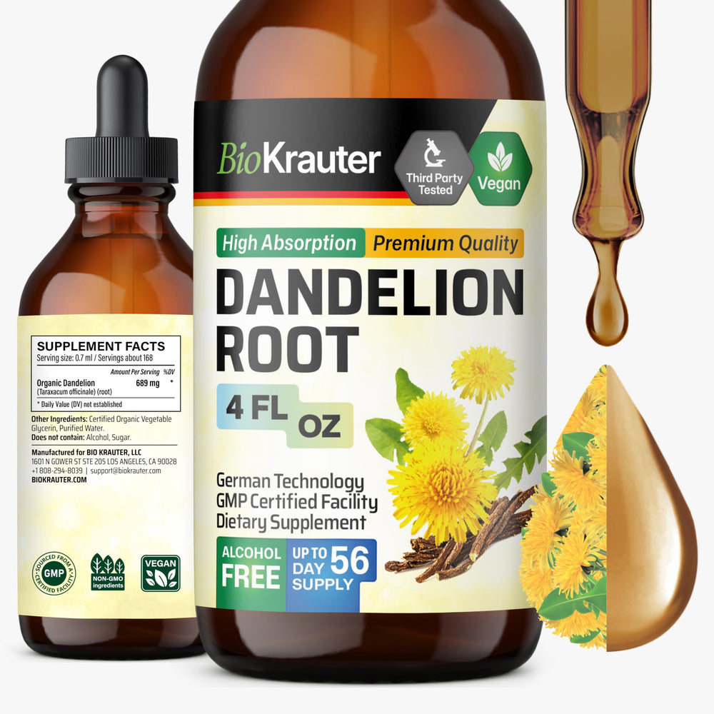 BIO KRAUTER Dandelion Root Extract bottle pour for daily liver support.