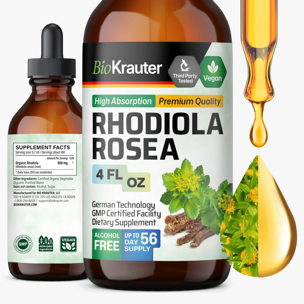 BIO KRAUTER Rhodiola Liquid bottle pour for easy dosing and calm moments.