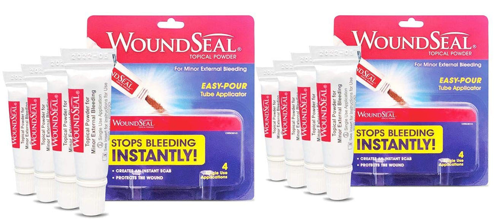 Biolife WoundSeal powder bottle close-up showing fast sealing action for minor wounds.