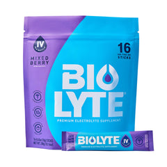 BIOLYTE IV electrolyte packets front view for on-the-go hydration.