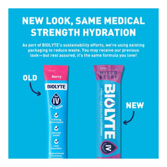 BIOLYTE IV mixed berry flavor packets with appealing taste cue.