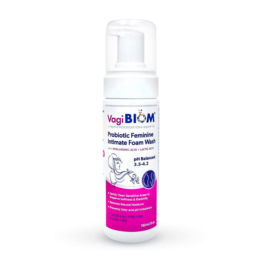 Biom Probiotics vaginal foam bottle pump for balanced moisture.
