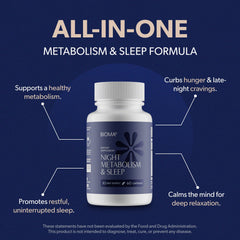 BIOMA packaging highlighting the Night Metabolism & Sleep formula and key benefits.